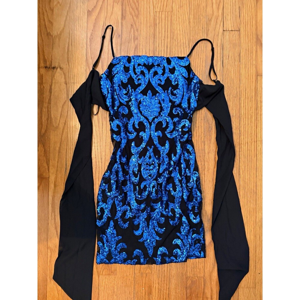 B Darlin Dress 5/6 Blue Sequin Black Off Shoulder Y2K Bodycon Cocktail